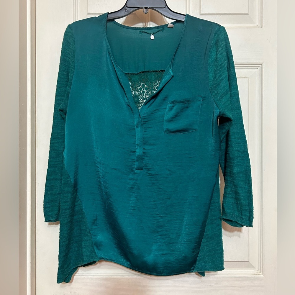 Knitted & Knotted Top Womens Green Mixed Print Henley Boho Tunic antropologíe M